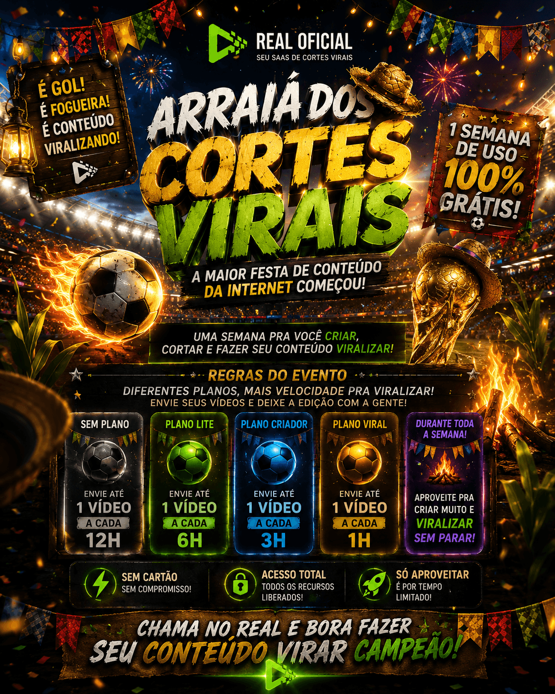Banner del evento Arraiá Real de Viral Day, con banderitas de fiesta junina y procesamiento de video gratis