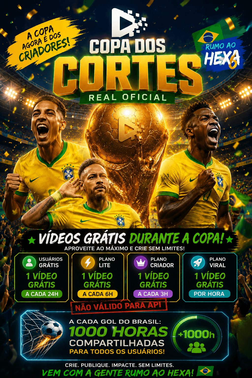 Banner del evento Copa dos Cortes de Viral Day, con los colores de Brasil y procesamiento de video gratis durante el Mundial