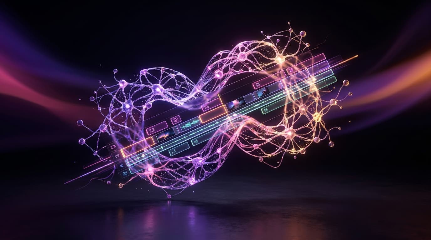 Interfaz futurista de edición de vídeo con hologramas y métricas iluminadas en tonos neón.