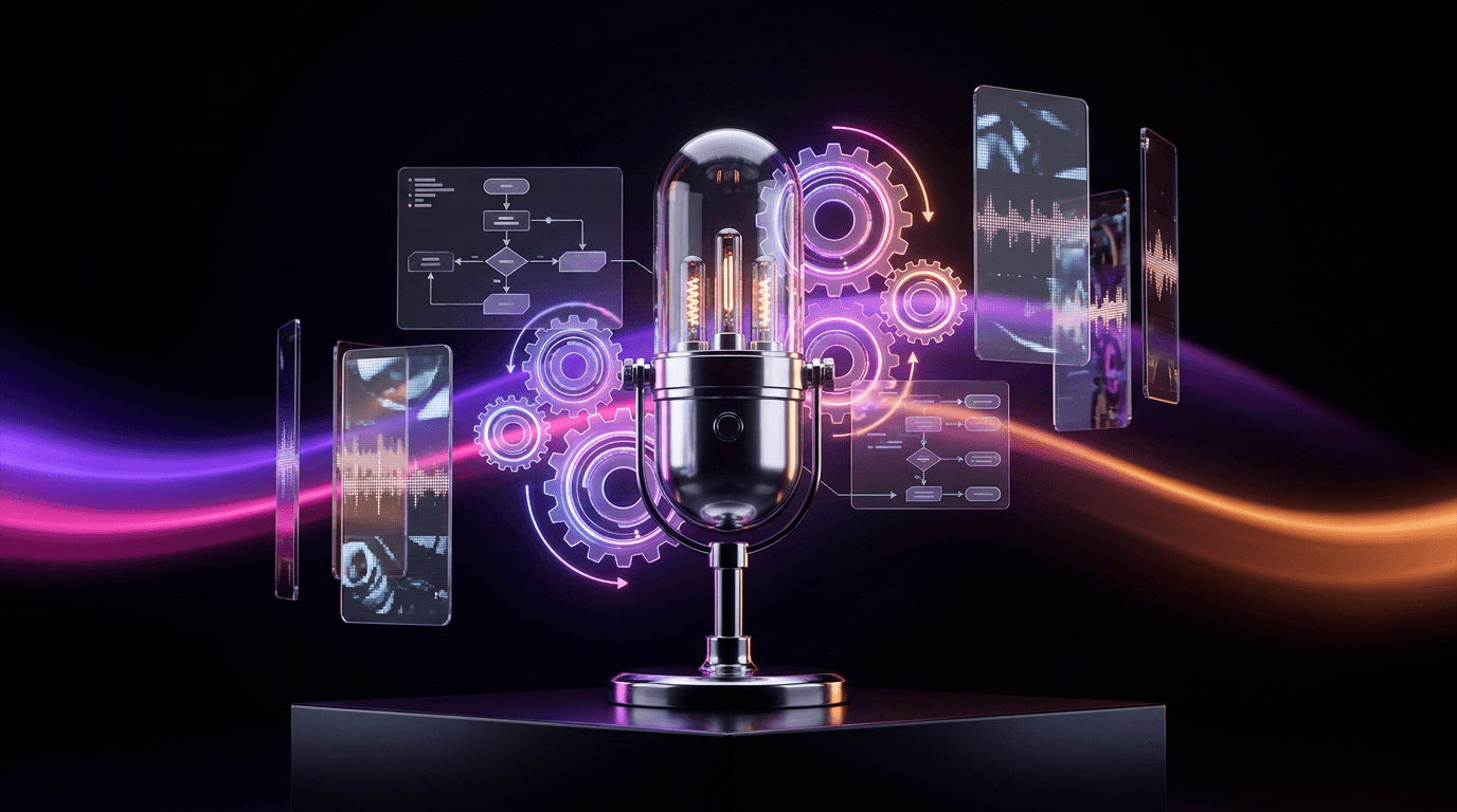 Micrófono de podcast moderno con elementos visuales de automatización e inteligencia artificial