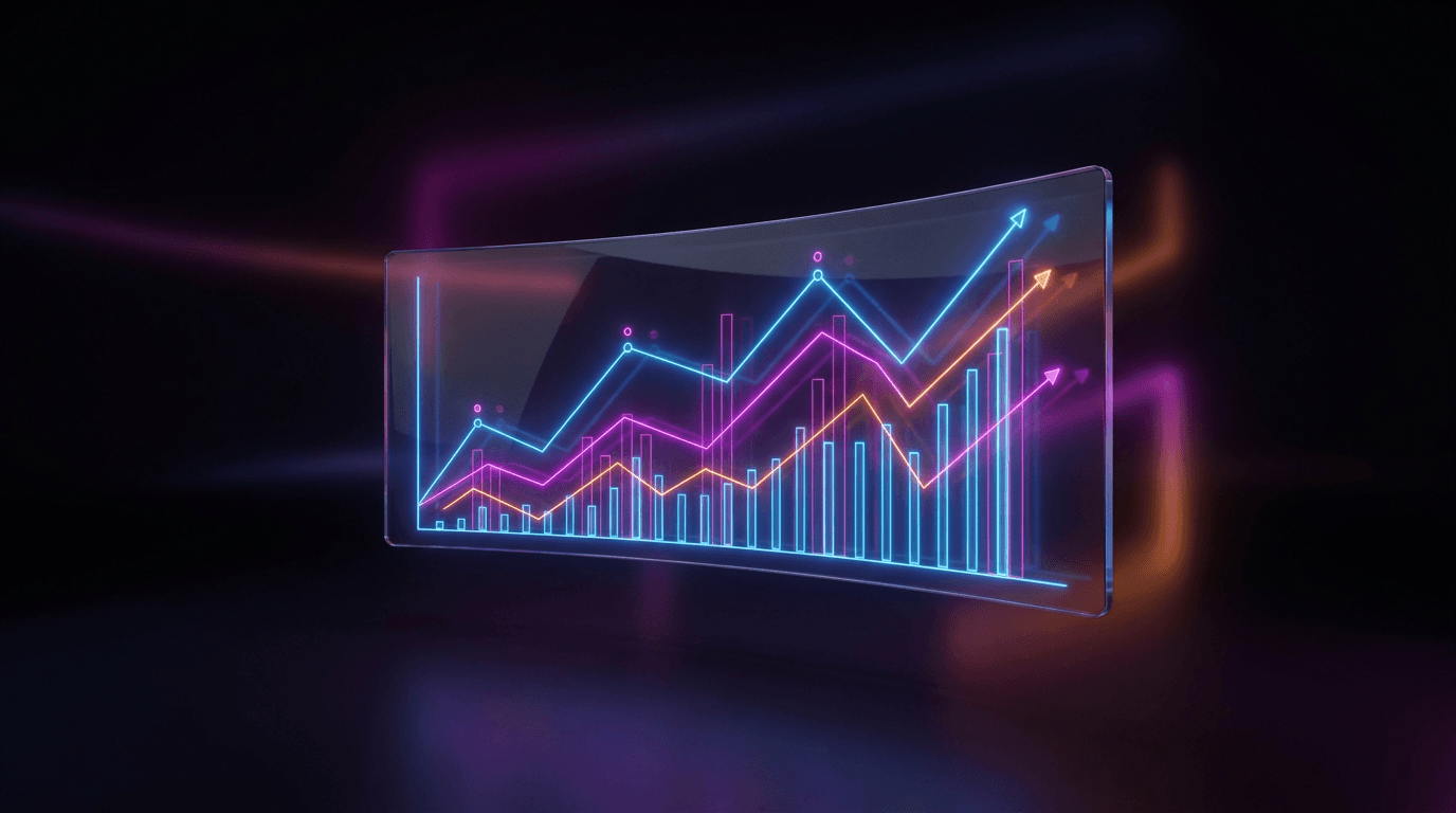 Smartphone mostrando gráficos de analítica de vídeos cortos en tonos neón