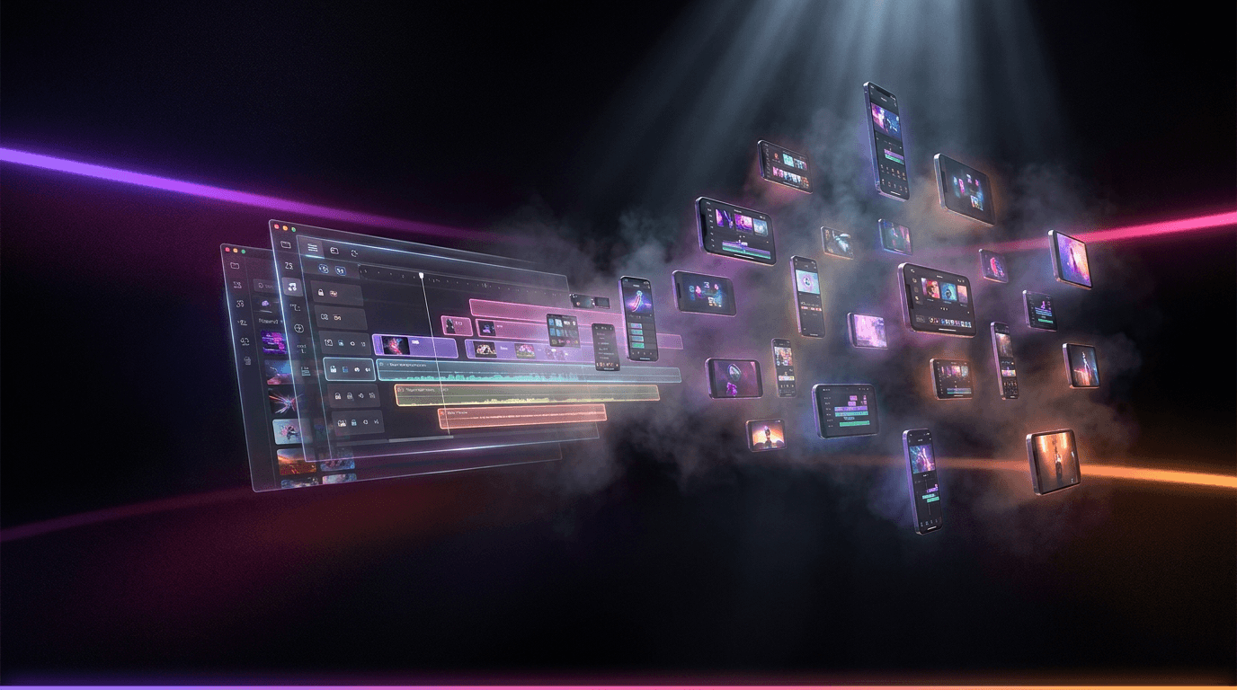 Línea de tiempo de edición de video multiplicándose en clips verticales con luces de neón