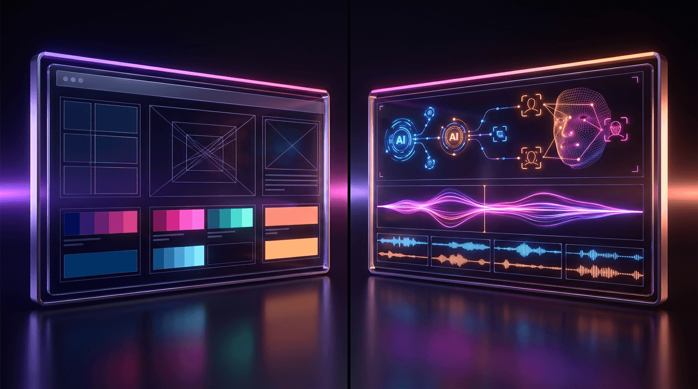 Pantalla dividida comparando interfaz de diseño tradicional con procesamiento de video mediante inteligencia artificial