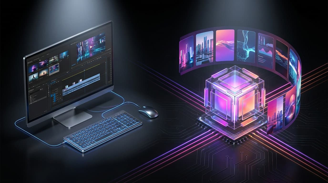 Teléfono con interfaz de edición frente a un cerebro de inteligencia artificial procesando video.