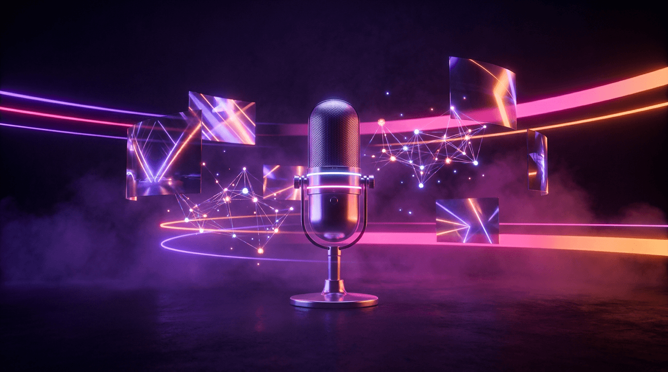 Micrófono de podcast iluminado con pantallas digitales flotantes y luces de neón