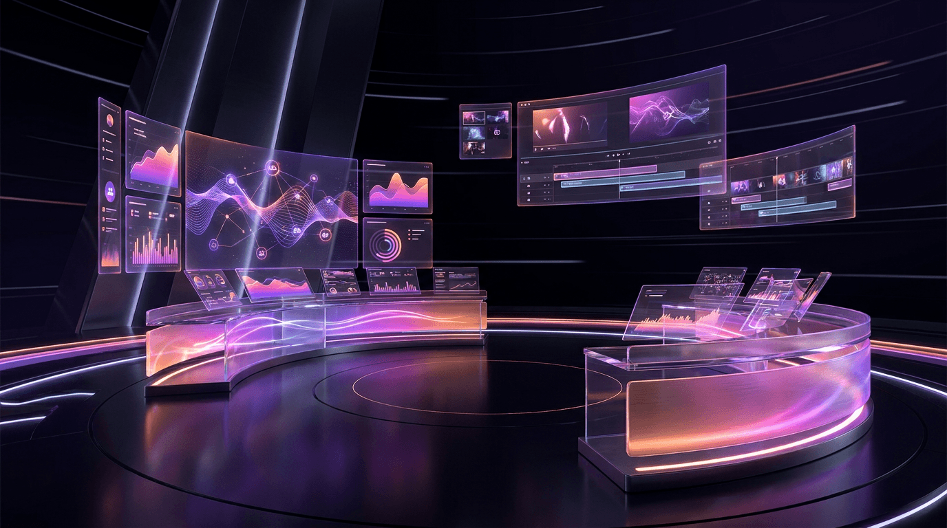 Monitores modernos mostrando líneas de tiempo de edición de vídeo iluminados con neón