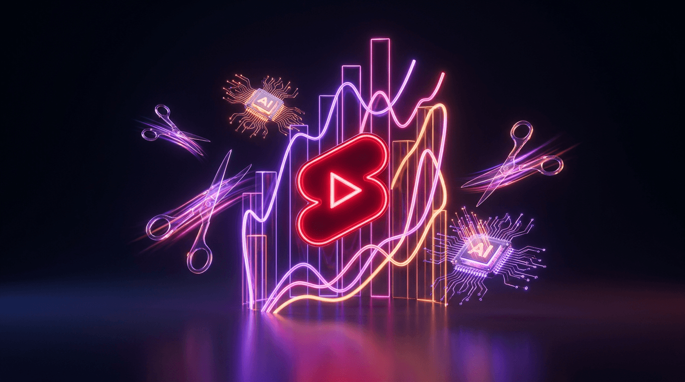 Gráficos de datos y logo de YouTube Shorts brillando en fondo oscuro