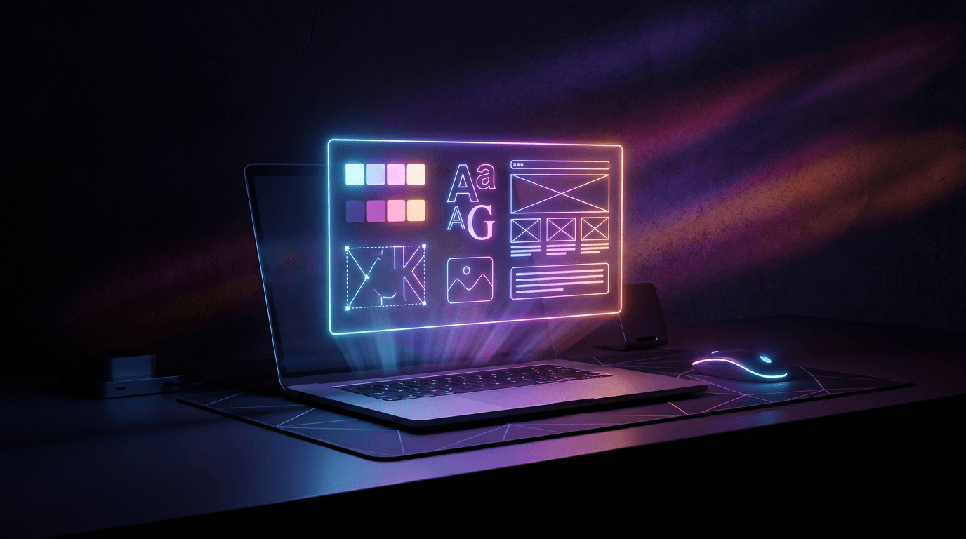 Manual de marca digital proyectando tipografías y colores en fondo oscuro