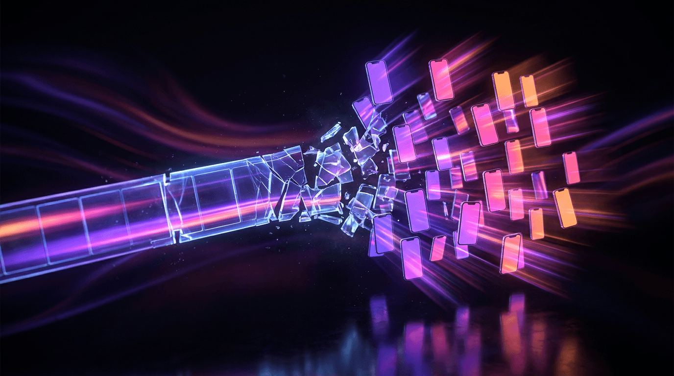 Interfaz holográfica de edición de vídeo con tonos neón morados y naranjas