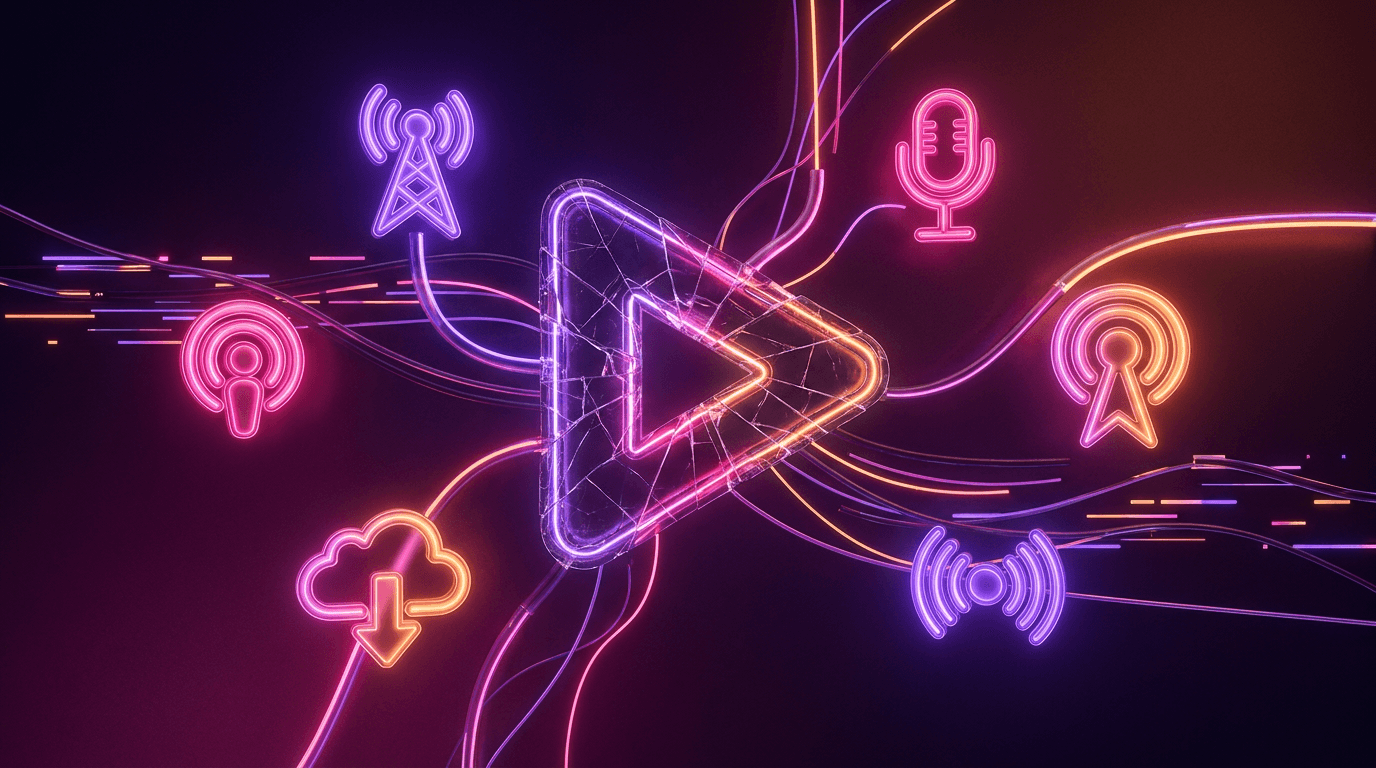 Ilustración 3D de alternativas de edición de vídeo IA con tonos neón.