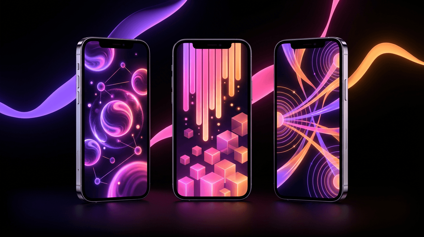 Tres pantallas de smartphone holográficas brillantes mostrando gráficos de crecimiento en fondo oscuro.