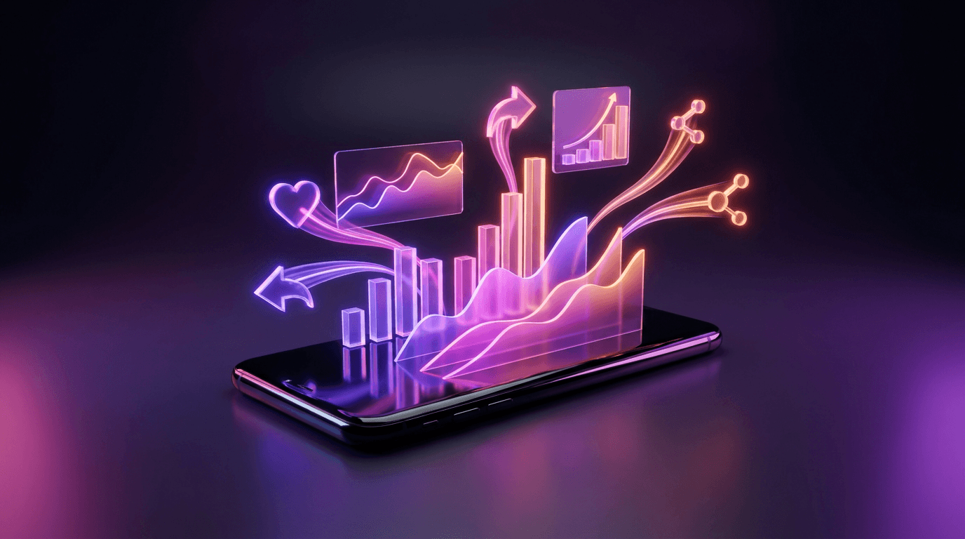 Gráficos de datos de retención de audiencia brillando sobre un smartphone oscuro