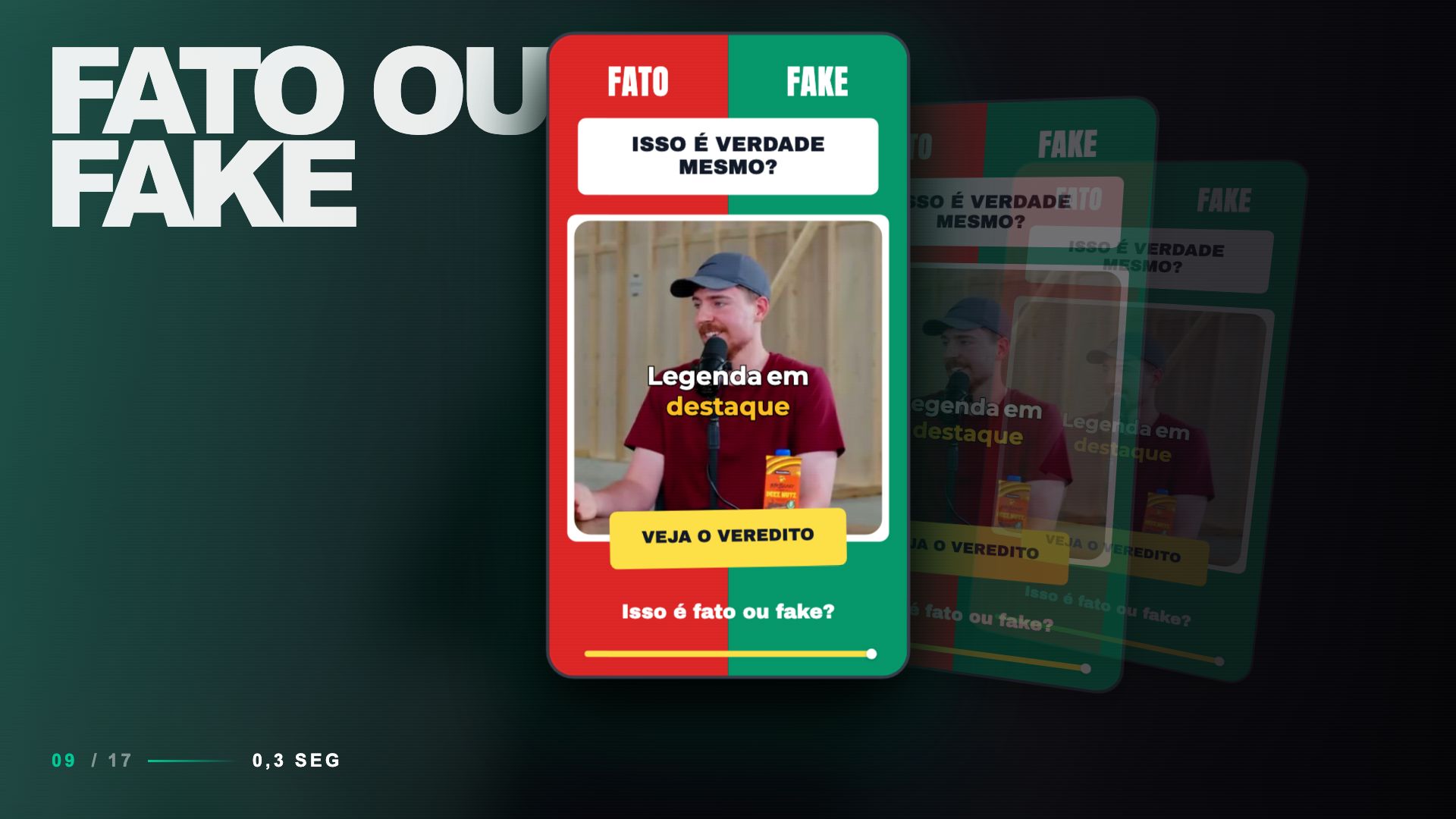 Plantilla Fato ou Fake: video vertical con título, subtítulos destacados, fondo rojo y verde y barra de progreso.