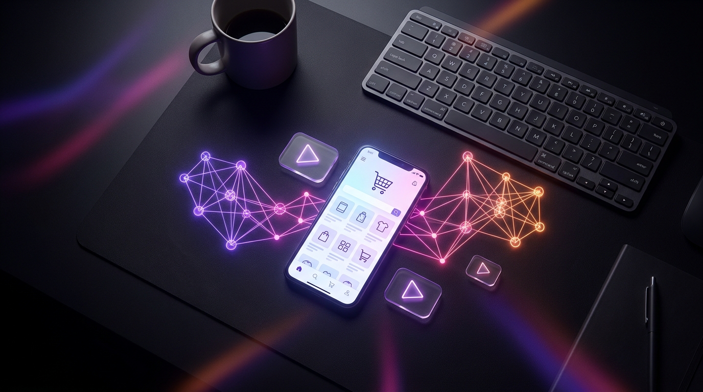 Carrito de compras futurista sobre un smartphone con interfaz de edición de video