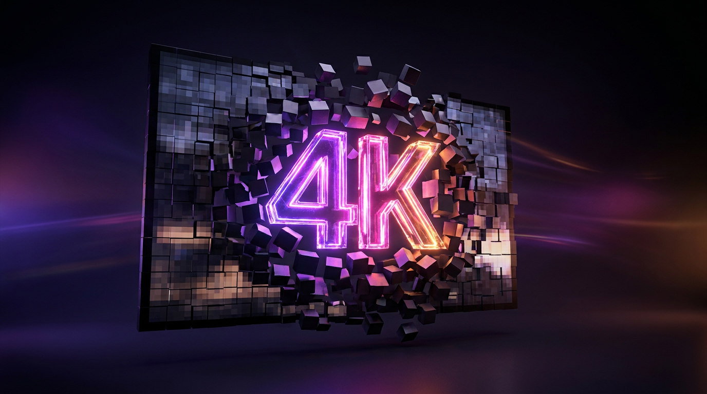 Icono 4K brillante rompiendo una caja de cristal pixelada en fondo oscuro