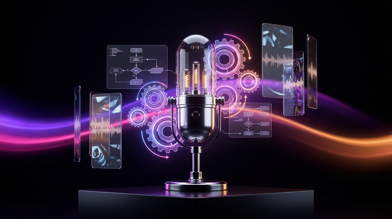 Micrófono de podcast moderno con elementos visuales de automatización e inteligencia artificial