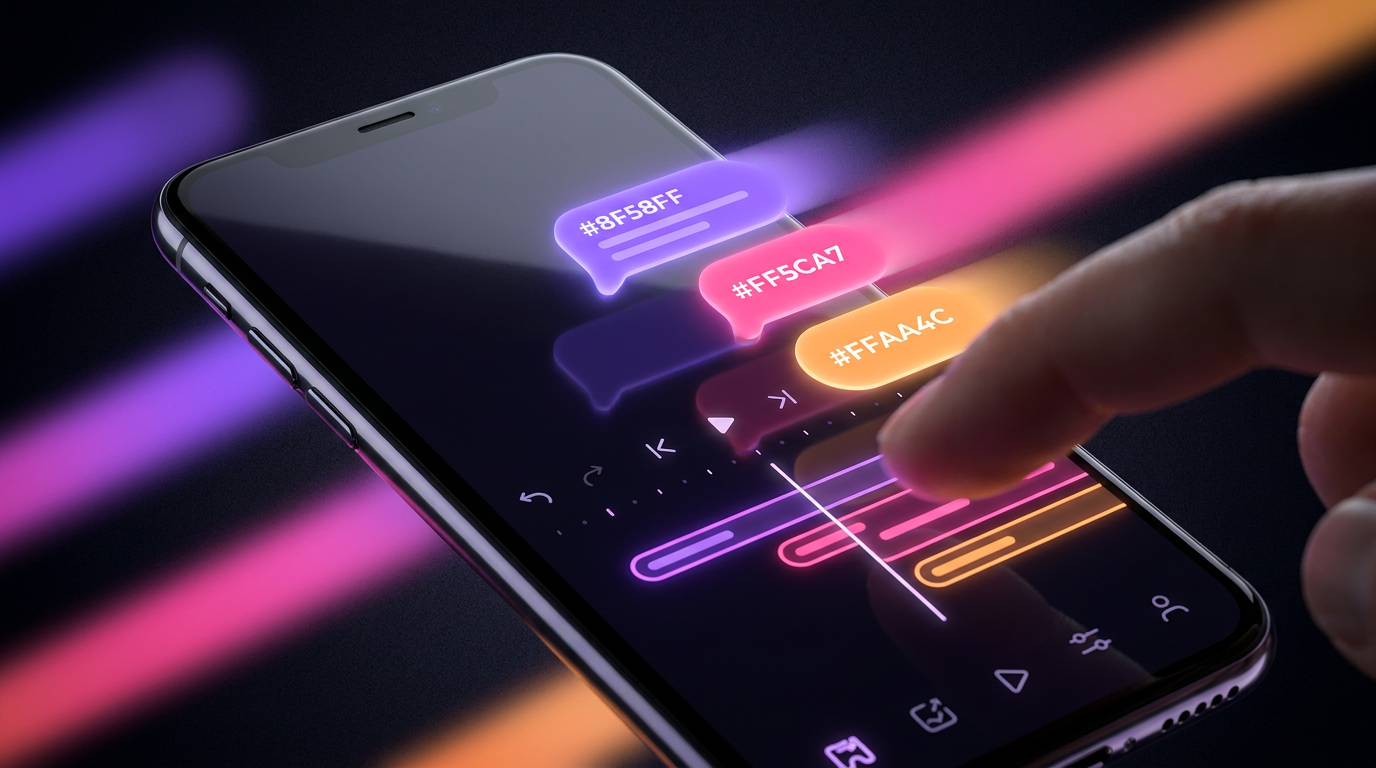 Smartphone con tipografía flotante y símbolos de advertencia en iluminación neón