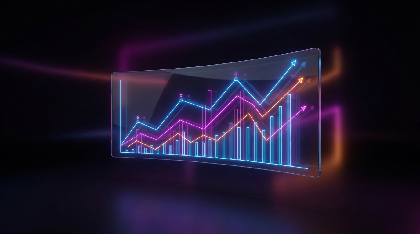 Smartphone mostrando gráficos de analítica de vídeos cortos en tonos neón