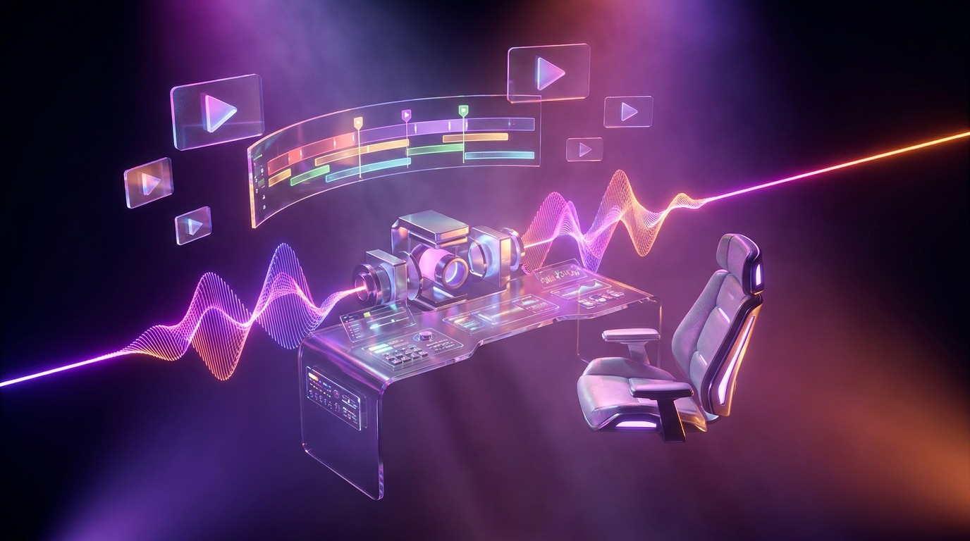 Setup de creador de contenido con pantallas holográficas y luces de neón