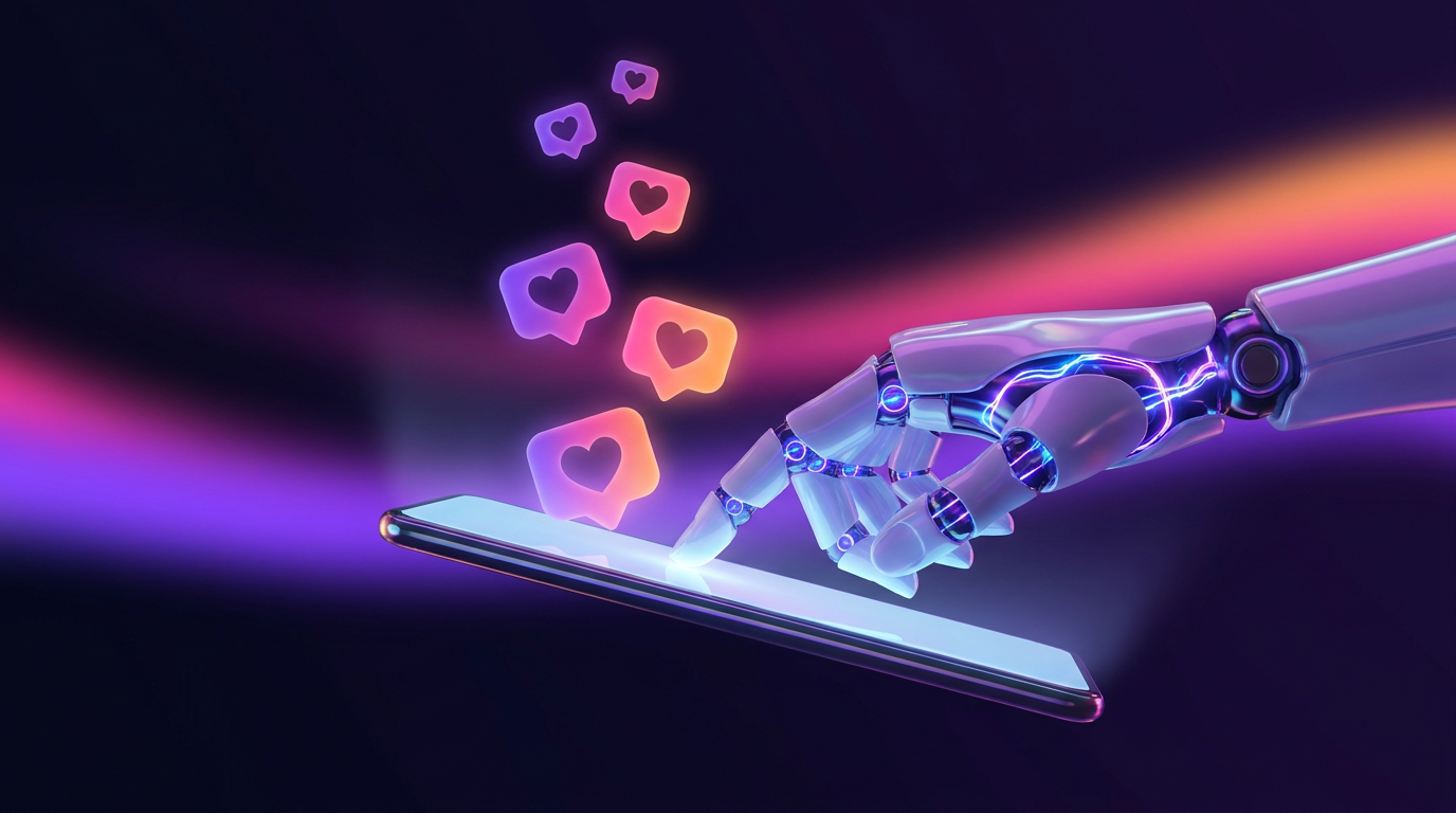 Smartphone con nodos de inteligencia artificial gestionando comentarios en redes sociales.
