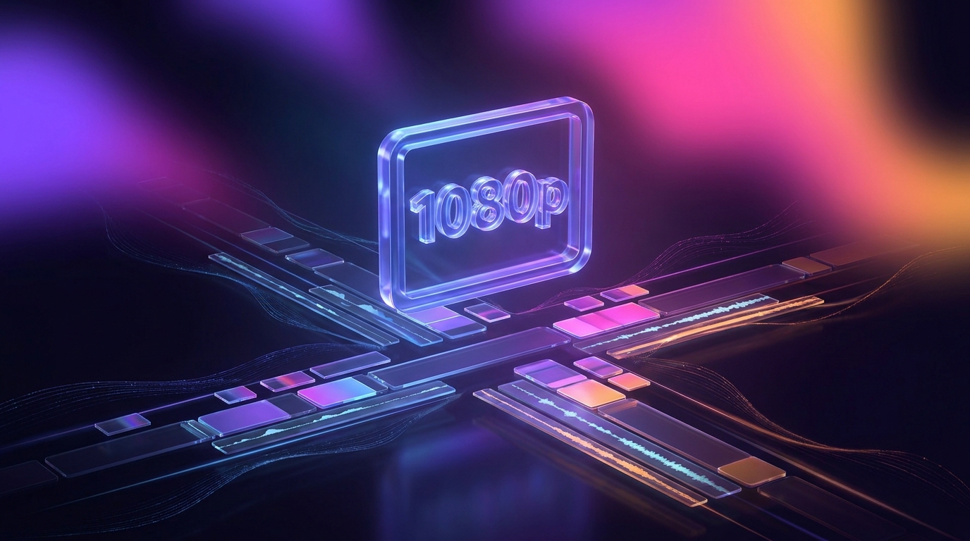 Interfaz de edición de video flotante con insignias de resolución 1080p