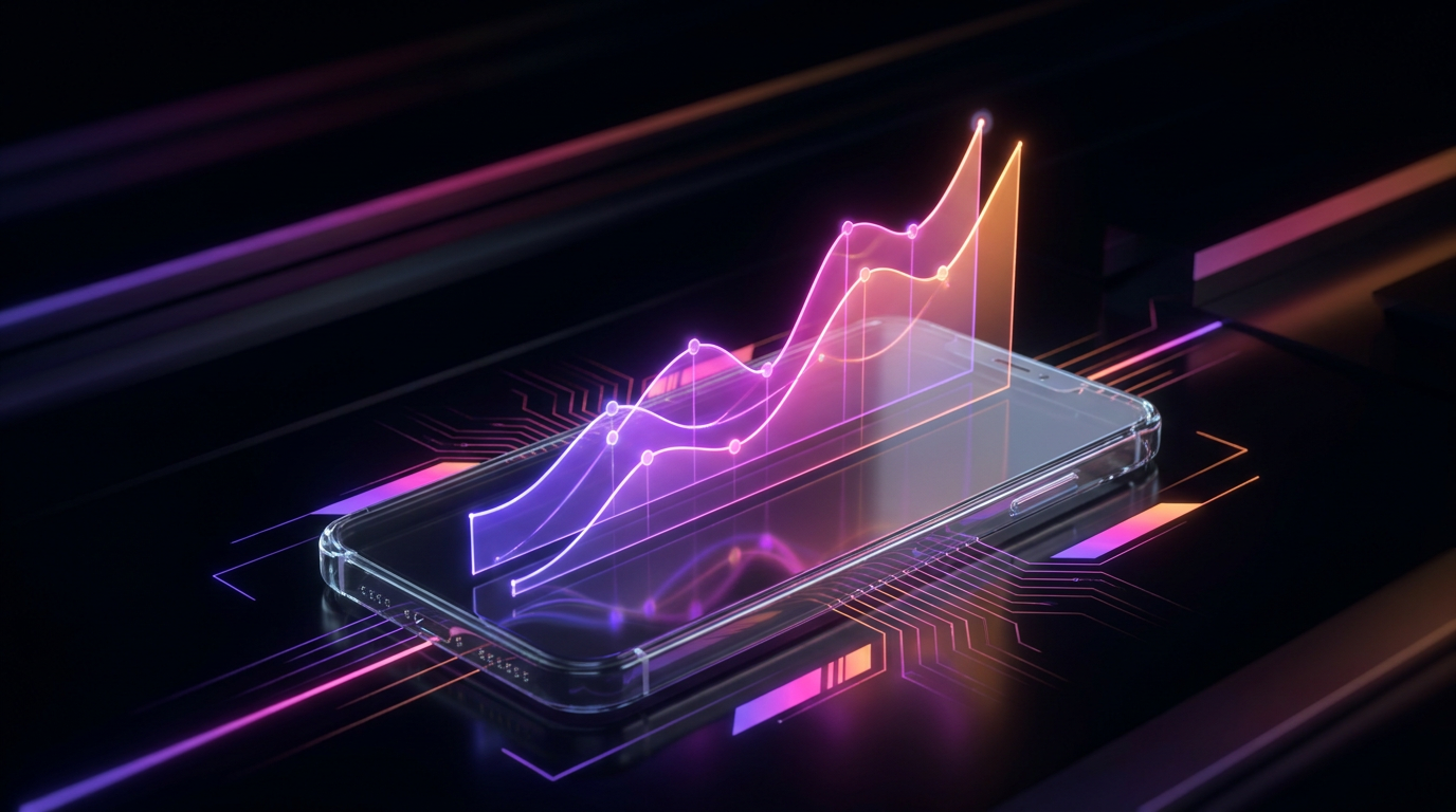 Panel de datos holográfico mostrando métricas de tendencias virales con colores neón