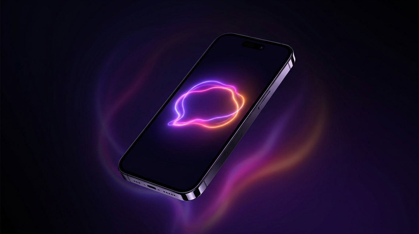 Smartphone mostrando subtítulos dinámicos brillantes sobre fondo oscuro con luces de neón.