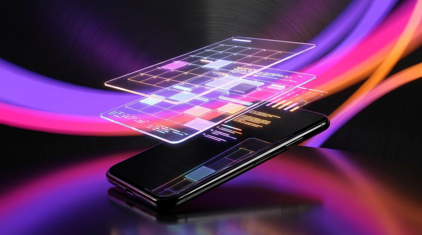 Smartphone con calendario de contenidos sobre escritorio oscuro con luces de neón