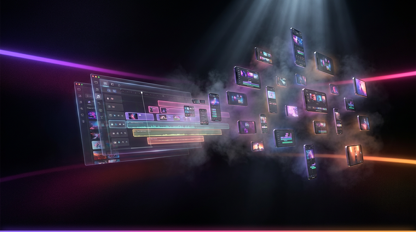 Línea de tiempo de edición de video multiplicándose en clips verticales con luces de neón