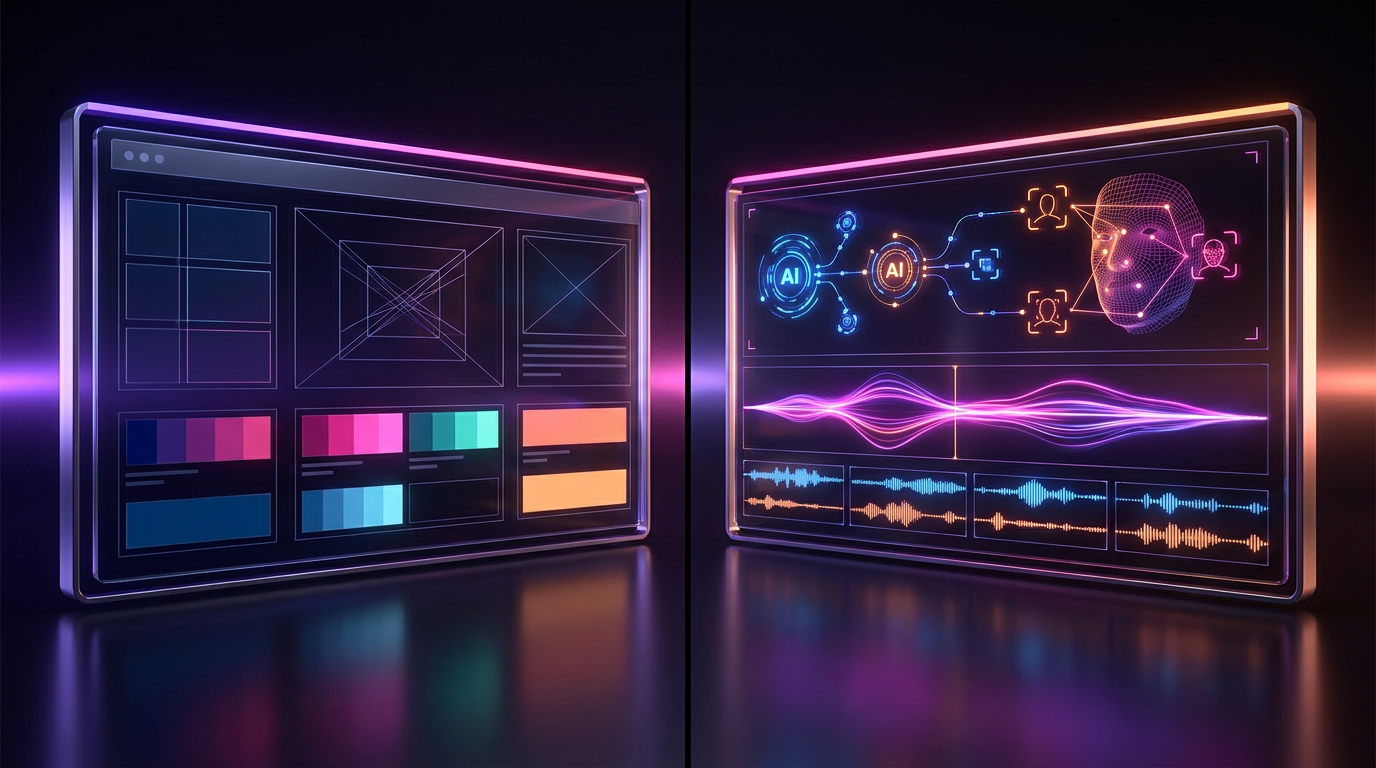 Pantalla dividida comparando interfaz de diseño tradicional con procesamiento de video mediante inteligencia artificial