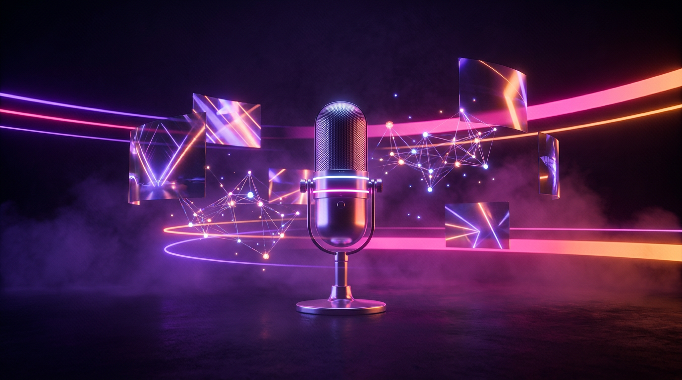 Micrófono de podcast iluminado con pantallas digitales flotantes y luces de neón