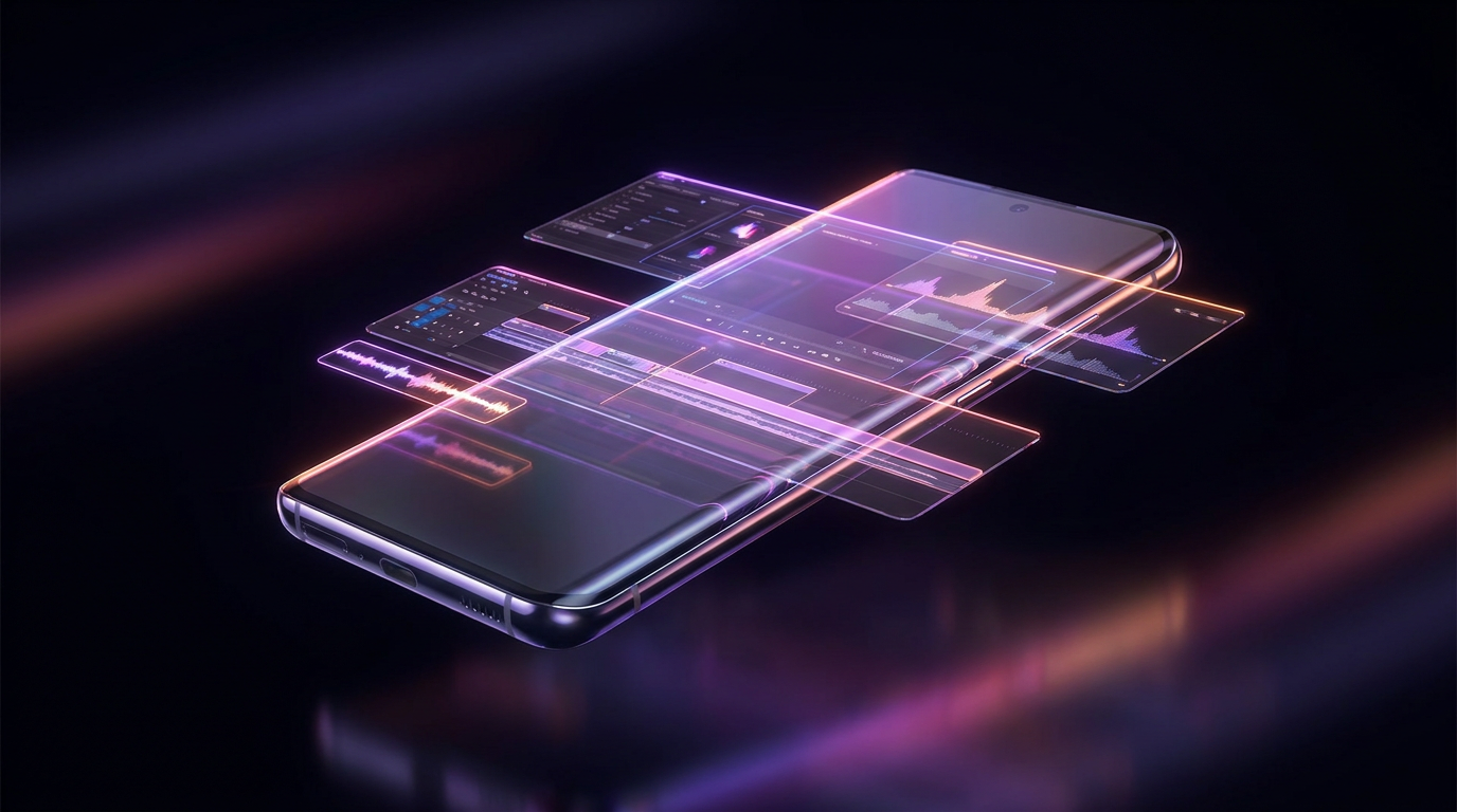 Smartphone mostrando métricas virales con interfaz holográfica de inteligencia artificial en tonos neón.