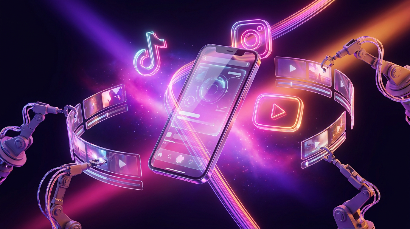 Nodos tecnológicos iluminados conectando iconos de redes sociales en fondo oscuro