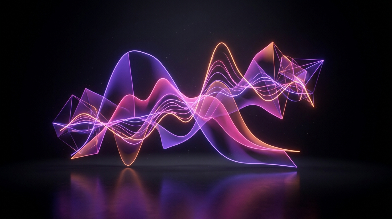 Gráfico 3D ascendente con tonos neón representando métricas de retención de vídeo