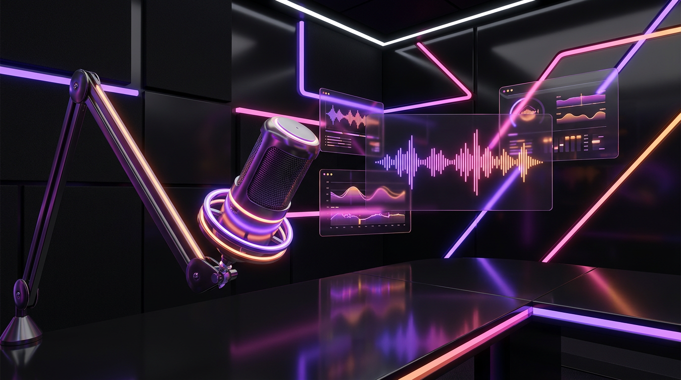 Micrófono de estudio y formas de onda digitales sobre fondo oscuro con luces neón