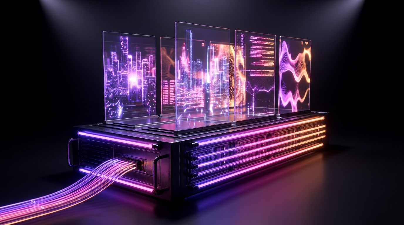 Interfaz holográfica mostrando código de API y líneas de tiempo de video