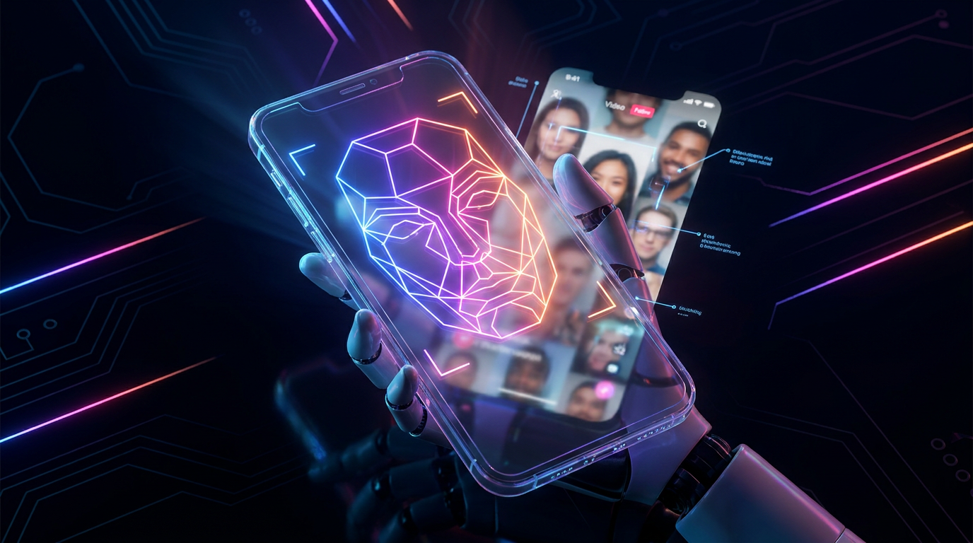 Lente de cámara digital haciendo seguimiento facial con líneas de IA luminosas