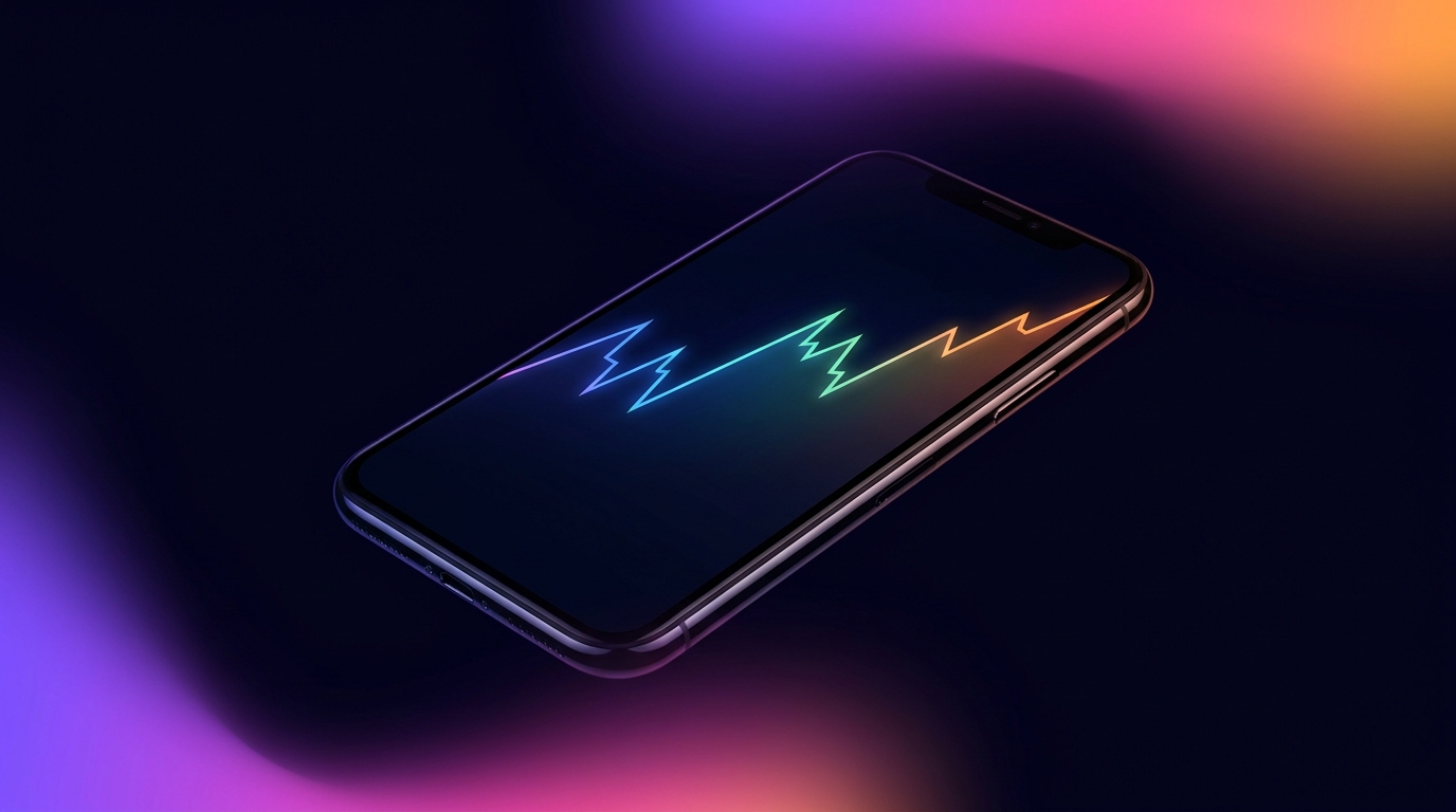 Micrófono y smartphone con gráficos financieros sobre escritorio oscuro con luces de neón.