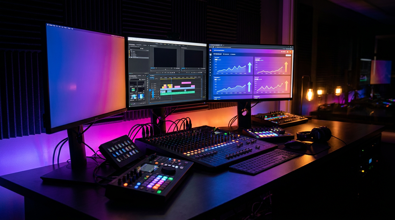 Teléfono inteligente con línea de tiempo de video vertical y luces de neón