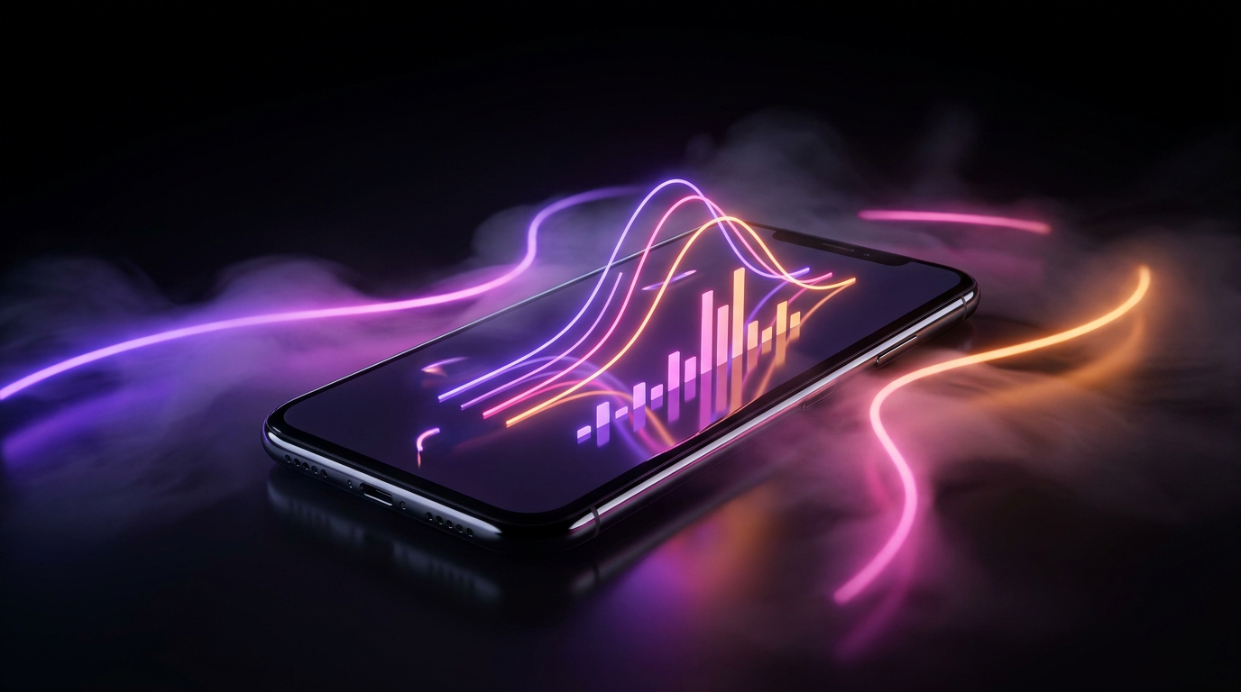 Micrófono profesional y smartphone con gráficos ascendentes iluminados por luces de neón.