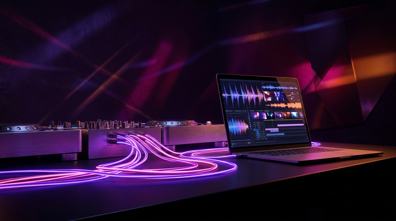 Mesa de mezclas de DJ iluminada con luces de neón moradas y naranjas