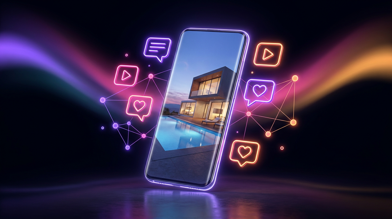 Smartphone editando un video inmobiliario con interfaz de IA brillante