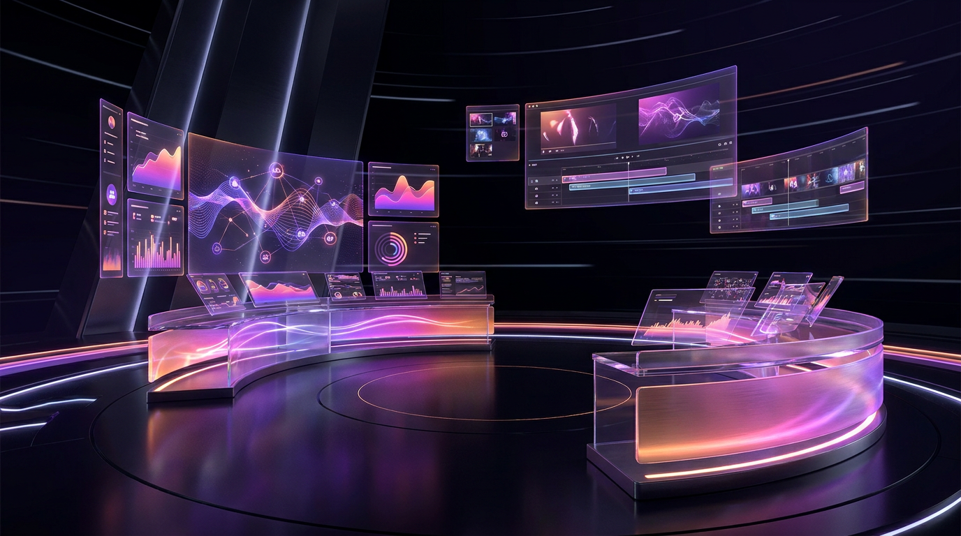 Monitores modernos mostrando líneas de tiempo de edición de vídeo iluminados con neón