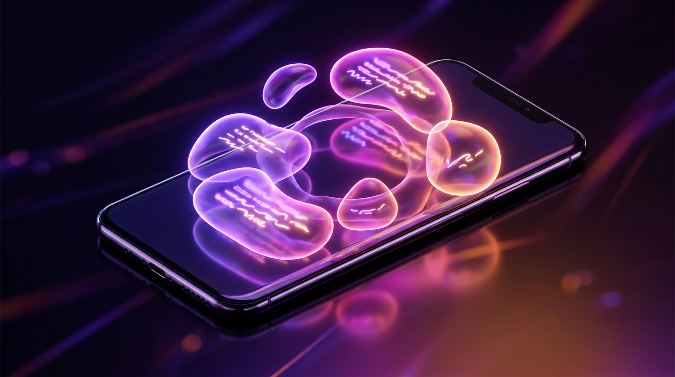 Smartphone con subtítulos flotantes en varios idiomas y fondo oscuro con luces de neón
