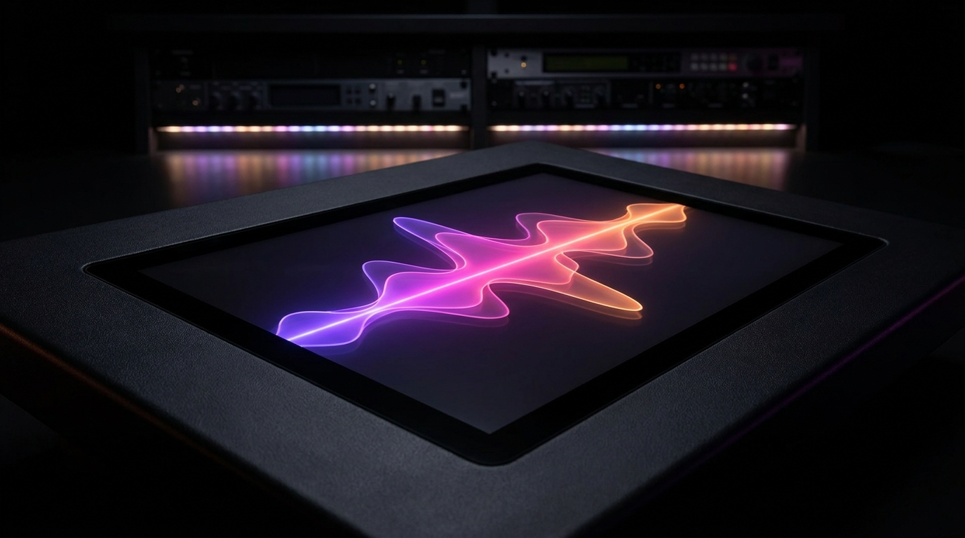 Micrófono con ondas de sonido brillantes sobre fondo oscuro y luces de neón