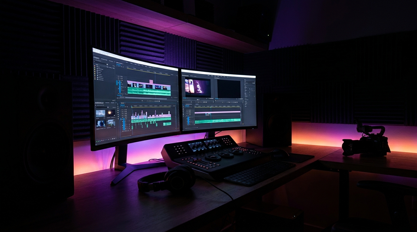 Monitores de computadora mostrando líneas de tiempo de edición de video con símbolos de autorización