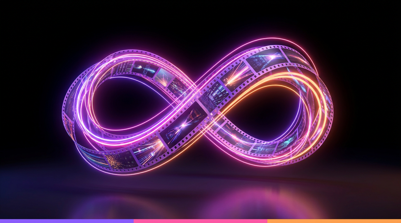 Símbolo de infinito brillante sobre un smartphone con interfaz de edición de video