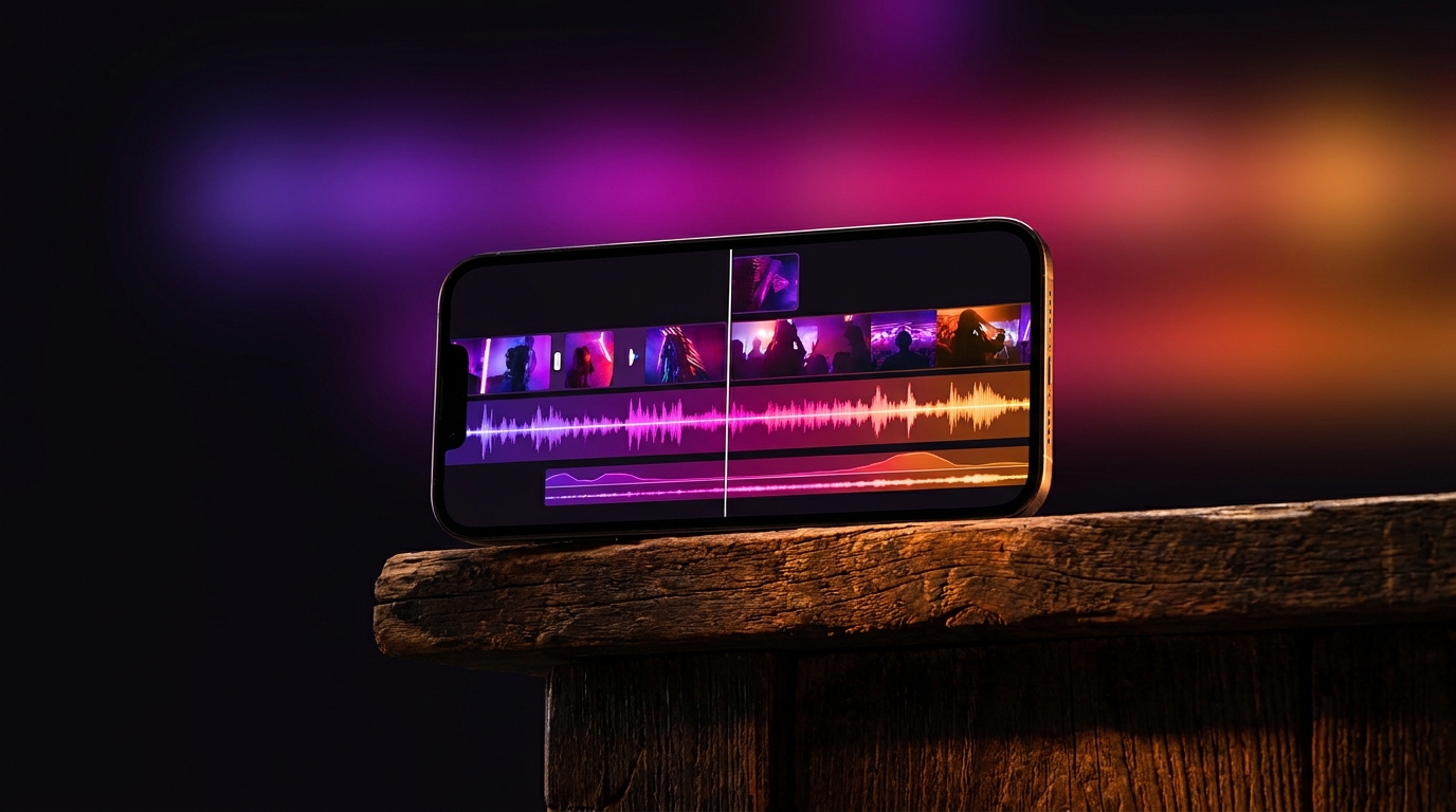 Smartphone con línea de tiempo de edición rodeado de nodos luminosos