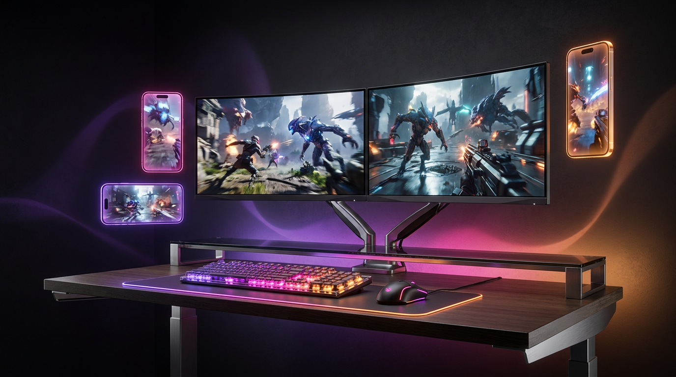 Setup de edición de vídeo futurista con monitores iluminados en tonos neón