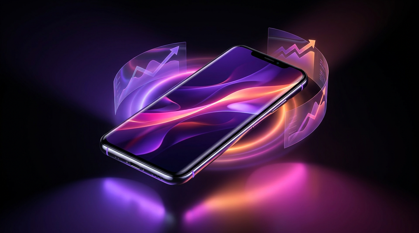 Smartphone con gráfico de crecimiento exponencial iluminado con luces de neón